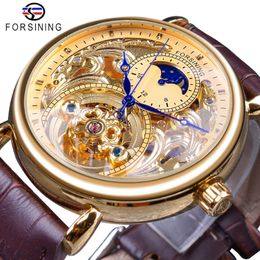 Forsining 2018 Royal Golden Skeleton Display Blue Hands Brown Genuine Leather Belt Mens Mechanical Wristwatches Clock Male2398