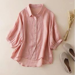 Women's Blouses Cotton Linen Short-sleeved Lapel Shirt Female 2024 Summer Korean Version Of The Loose Large Size Pure Colour Temperame