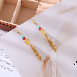 Dangle Earrings Minar Charms Multicolor Natural Stone Strand Drop For Women 14K Real Gold Plated Copper Long Chain Tassel Earring