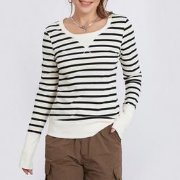 Women's T Shirts Stripe Print Knit Tops Scoop-Neck Long Sleeve Tee Slim Spring Knitwear