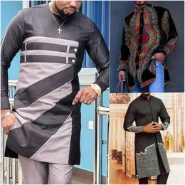 In African Clothing Style Printing Colour Matching Fashion Casual Long-sleeved Round Neck Mens Long Shirt Only Tops 240220