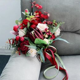 Wedding Flowers Vintage Artificial Flower Beautiful Handmade Decorative Rose Bride Satin Bouquet Table Centre