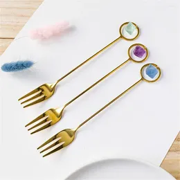 Coffee Scoops Dessert Spoon Natural Stone Stainless Steel Violet Blue Green Fluorite Gold Tableware Fork Water Droplet Type