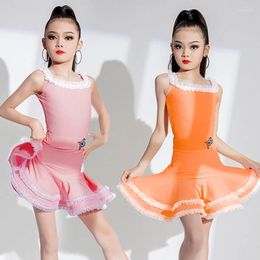 Stage Wear Pink Orange Latin Dance Competition Dresses Girls Sleeveless Dress Ballroom Chacha Tango Salsa Dancewear SL8276