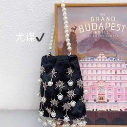 French Dark Sun Flower Dinner Silk Bag Handwoven Beaded Tassel Bucket Bag Underarm Crossbody Bag