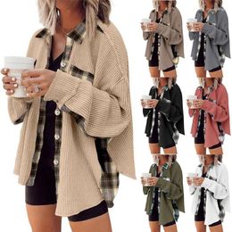 Women's Blouses 2024 Autumn And Winter Casual Spliced Button Knitted Jacket Loose Comfortable Mid Length Plaid Commuter Shirt