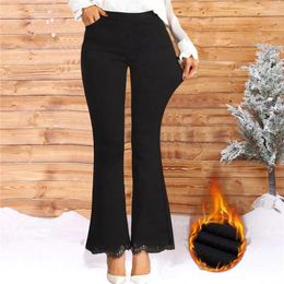 Women's Pants Vintage Plush Lined Flare Jeans Women Autumn Winter Warm Casual Skinny Thicken Stretch Slim High Waist Bell-Bottoms