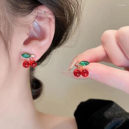 Stud Earrings Sweet Rhinestone Glass Cherry Fruit For Women Girl Exquisite Versatile Fashion Accessories