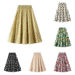 Skirts Floral Printed Midi Skirt High Waisted A Line Elastic Waist With Pockets Summer Pleated Long Swing