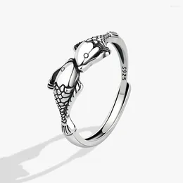 Cluster Rings 925 Sterling Silver Unique Design Retro Fish Ring For Women Jewellery Finger Adjustable Open Party Birthday Gift