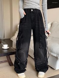 Women's Jeans Y2K Streetwear Star Embroidery Washed Black Baggy Stacked Cargo Pants Women Clothes Multi Pockets Wide Leg Trousers Lady