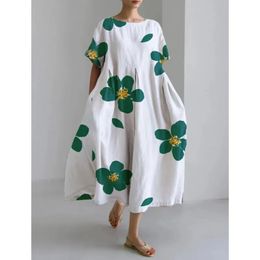 Fashion Lady Short Sleeve Big Swing Loose Maxi Dress Retro Women Flower Printing Pocket Dress O Neck Party Dress Elegant Robe 240219
