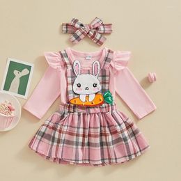 Clothing Sets SUNSIOM 3PCS Baby Girls Clothes Easter Outfit Pink Flying Sleeve Romper Embroidery Plaid Suspender Skirt Headband