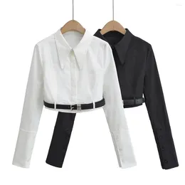 Women's Blouses White Black Cropped Shirt Women 2024 Fashion Designer Long Sleeve Casual Office Wear Ladies Belt Shirts Y2K Summer Tops