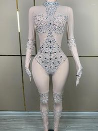 Stage Wear Luxurious Sparkling Rhinestone Transparent Mesh Long Sleeve Gloves Bodysuit Party Clube Dance Show Performance