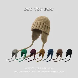 Berets Ins Korean Version Solid Colour Ear Protection Knitted Hats For Women Autumn And Winter Warm Versatile Retro Strap Bomber Cap