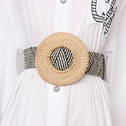 Wooden Buckle Dress Belt For Women Casual Female Braided Wide Strap Female Designer Woven Girls Elastic PP Straw Belts BZ339 Y1912279u