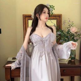 Women's Sleepwear Sexy Women Twinset Robe Set Nightgown Applique Nightdress V-Neck Loungewear Summer Bathrobe Gown Suit Homewear