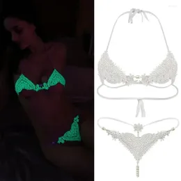 Bras Sets Luminous Women Lace Sexy Underwear Set European American Fluorescence Lace-Up And Pearls Panties For Couple