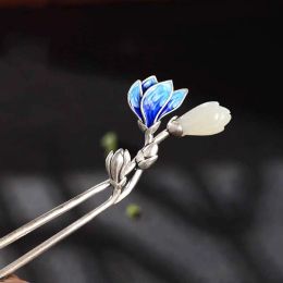 Jewelry Original vintage silver inlaid natural Hetian jade enamel porcelain orchid hair accessories ethnic style charm hanfu accessories