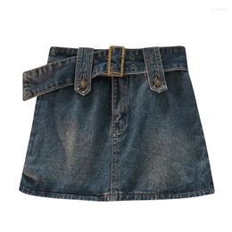 Skirts Vintage Y2K Women Button Belt Mini Denim Skirt Girls High Waist Bag Hip A-Line Jean S633