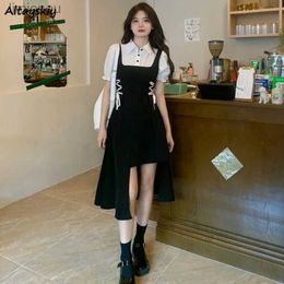 Urban Sexy Dresses Fake 2 Pcs Dresses Women Bandage Design Puff Sleeve Preppy Style Chic Irregular Summer Casual Hot Sweet Korean Fashion Ins 240223