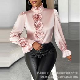 Women's T Shirts Rose Detail Frill Hem Bell Sleeve Top Women Floral Tops Flare Button Tees Y2k Shirt Ruffles Elegant Spring 2024