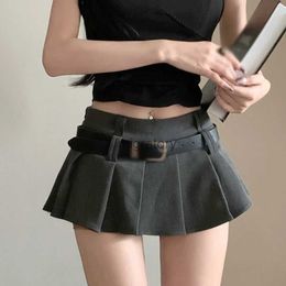 Skirts Skorts Women High Waist Short Skirt Sexy A-Line Pleated With Belt Summer Vintage Mini Tennis Student Black Grey YQ240223