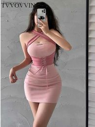 Urban Sexy Dresses TVVOVVIN Hot Girl Style Sexy Open Back Lace Up Waist Tight Thin Neck Dress Hip Wrap Mini Dress Pink Hot Sexy Sweet Korean 0P55 240223