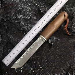 1Pcs New A2283 Survival Straight Knife Damascus Steel Tanto Point Blade Ebony with Steel Head Handle Outdoor Fixed Blade Knives with Wood Sheath