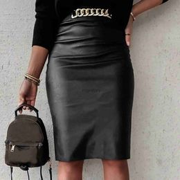 Skirts Skorts Fashion Pu Leather Skirt Women Solid Black Knee Length Package Hip High Waist For Sexy Bottoms Clothing Jupes YQ240223
