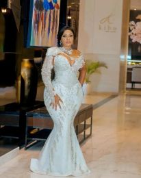 العربية Aso ebi White Mermaid Wedding Dresses with Train Train Train Crystals Ondered Online Online Sleeve Bridal Orvics