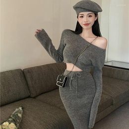 Work Dresses Hsa Two Piece Sets Womens Outifits Autumn/Winter Solid Knitted Cardigan Sexy Wrapped Hip Knee-Length Skirt Streetwear Suit
