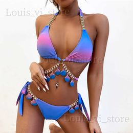 Women's Swimwear 2022 new sexy strap gradient printed womens split swimsuit luxury crystal bikini shell swimsuit T240222