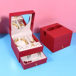 Jewellery Pouches Double Layers Bow Organiser With Mirror Earring Ring Necklace Storage Box Display Holder Travel Case