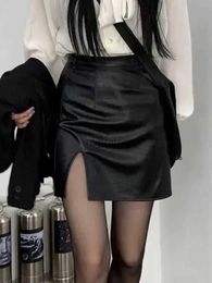 Skirts Skorts HOUZHOU Black Leather Skirt Sexy Split A-LINE Mini Goth Punk Fashion Streetwear Women Autumn Korean High Street YQ240223
