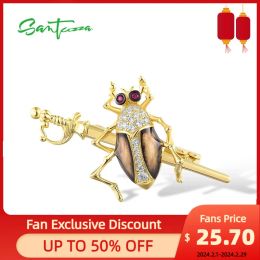 Jewelry SANTUZZA Authentic 925 Sterling Silver Brooch For Women Sparkling White CZ Created Ruby Cute Insect Fine Jewelry Handmade Enamel