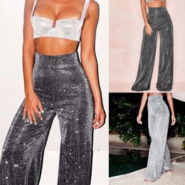 Women's Pants Ladies Bright Glitter Silk High Waist Zipper Wide Leg Flared Casual Long Trousers For Women Party Club Dance