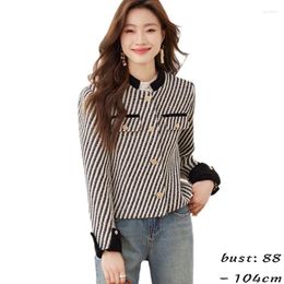 Women's Suits High Quality Blazer For Women Short Striped Jacket Single Breasted Autumn Winter 2024 Elegant Fashion Clothes - Black Grey
