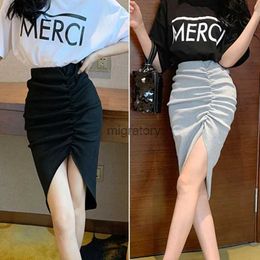 Skirts Skorts Womens Ruched High Waist Asymmetrical Solid Midi Skirt Korean style Waisted Irregular YQ240223