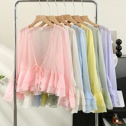 Women's Blouses Ruffled Sun Protection Cardigan Design Sweet Summer Coats French Lace Up Flare Sleeve Shirts Simple