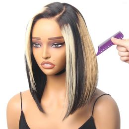 Highlight Ombre Straight Short Bob Human Hair Wig Brazilian 13x5x1 HD Lace For Women PrePlucked 12Inch Side Part Coloured