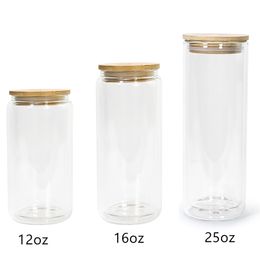 16oz Double Wall Sublimation Glass Can Snow Globe glass Tumbler Beer Glass Clear Drinking Glasses With Bamboo Lid And Reusable Straw