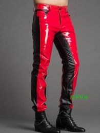 Pants 2939 Men's New Sexy Stage Trousers Dj Colour Block Fashion Personality Slim Leather Pants Male Singer Motorcycle Costumes