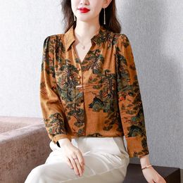Women's Blouses 2024 Autumn Shirt Long Sleeve Flower Print Loose Casual Button Decoration Xiangyun Yarn Top Middle-aged Mothers T738