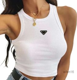 Hot Pr-a Summer White Women T-Shirt Tees Crop Top Embroidery Sexy Shoulder Black Tank Casual Sleeveless Backless Shirts Luxury Designer Solid Colour Vest Sex appeal