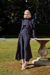 2024 Spring Summer Polka Dot Print Women's Dress Stand Collar Ruffer Long-Sleeve Woman's Casual Long Dresses AS017