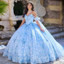 Sky Blue Quinceanera Dress Off Shoulder Appliques Lace Floral Lace Beading Tull Ball Gown Corset Sweet 16 Vestidos De 15 Anos