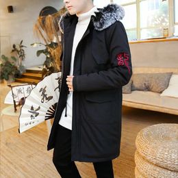 Ethnic Clothing Embroidery Chinese Style Hooded Fur Collar Parkas Jacket Mens Warm Thick Jackets Winter Long Coat Male Plus Size M-5Xl 13023