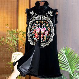 Ethnic Clothing Stand Collar Splicing Fur Vest Women Autumn And Winter Chinese Style Flowers Embroidery Sleeveless Coat S-XXL